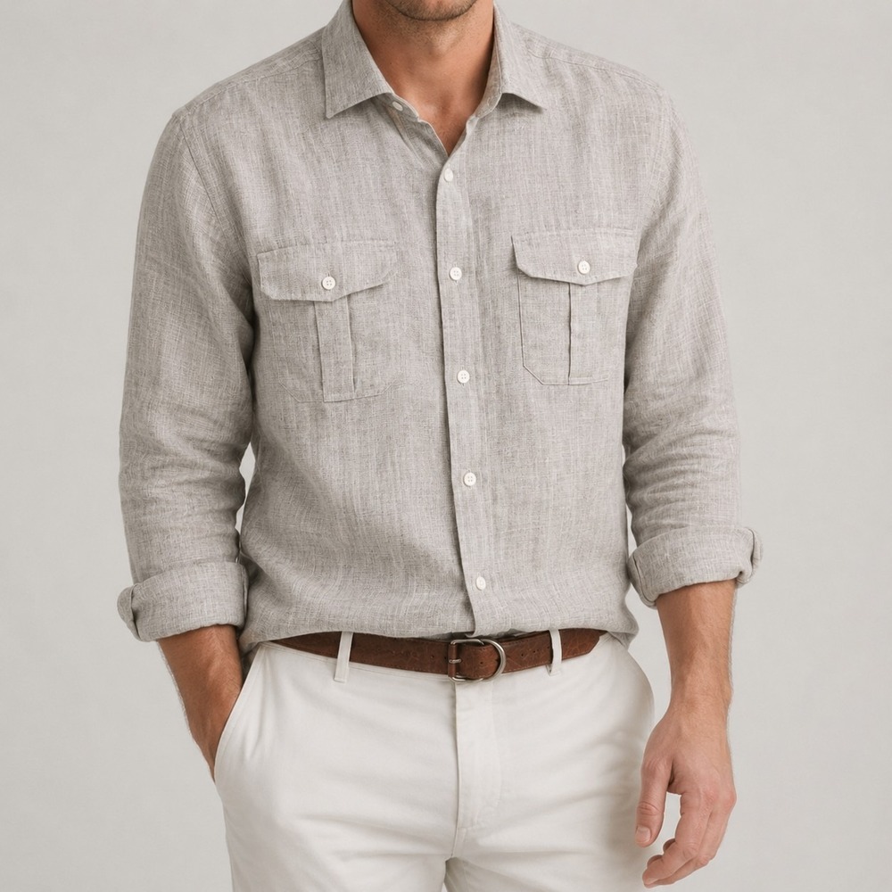 Men's Linen Cotton Blend Large L Beige Brown Linen Sport Shirt Button Up Career - Picture 1 of 9